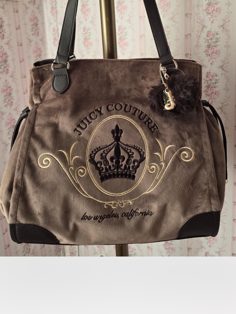 Juicy Couture Brown Velvet Tote with Gold Embroidered Crown